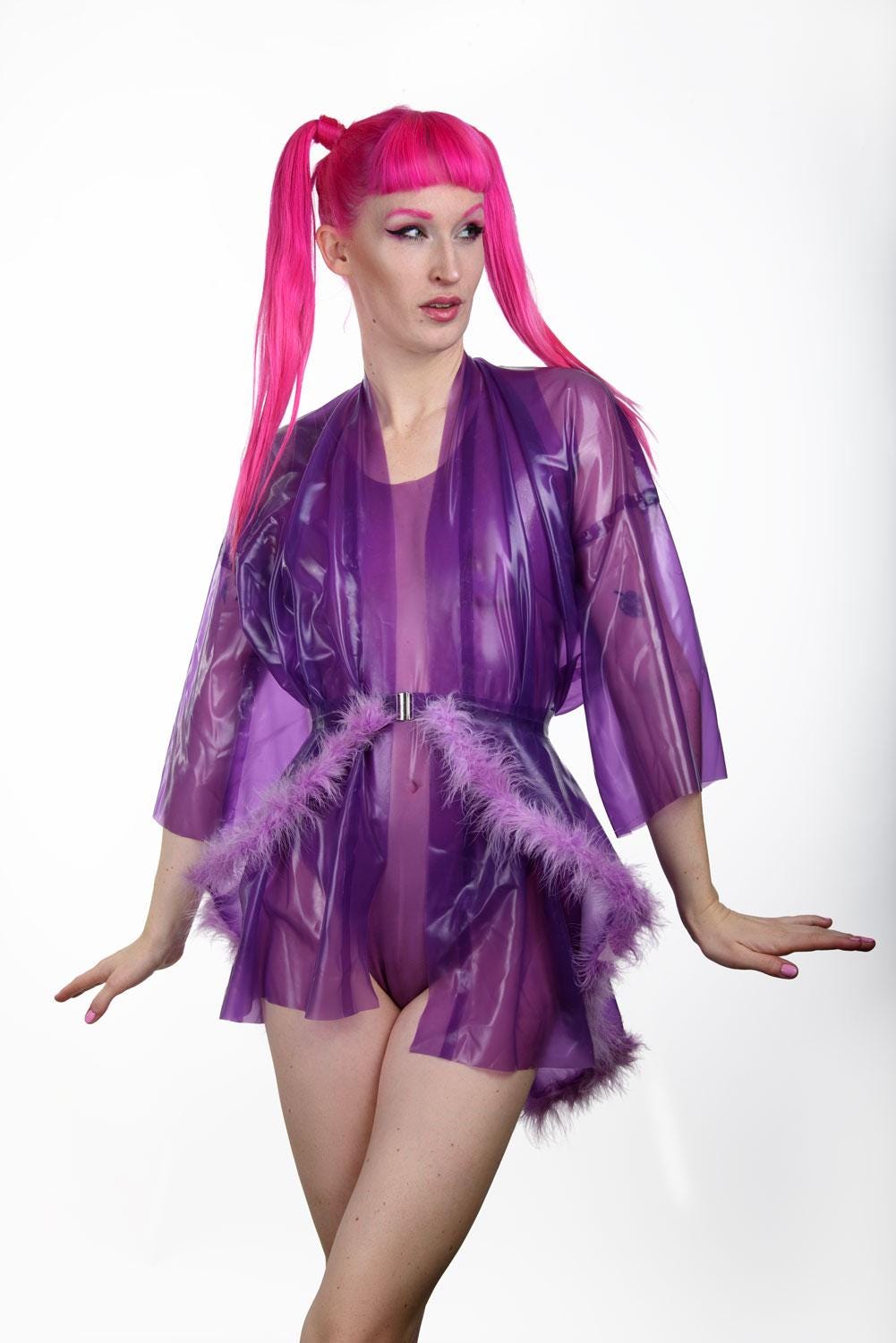 MCBLING Latex Bodysuit Set with Faux Fur Kimono