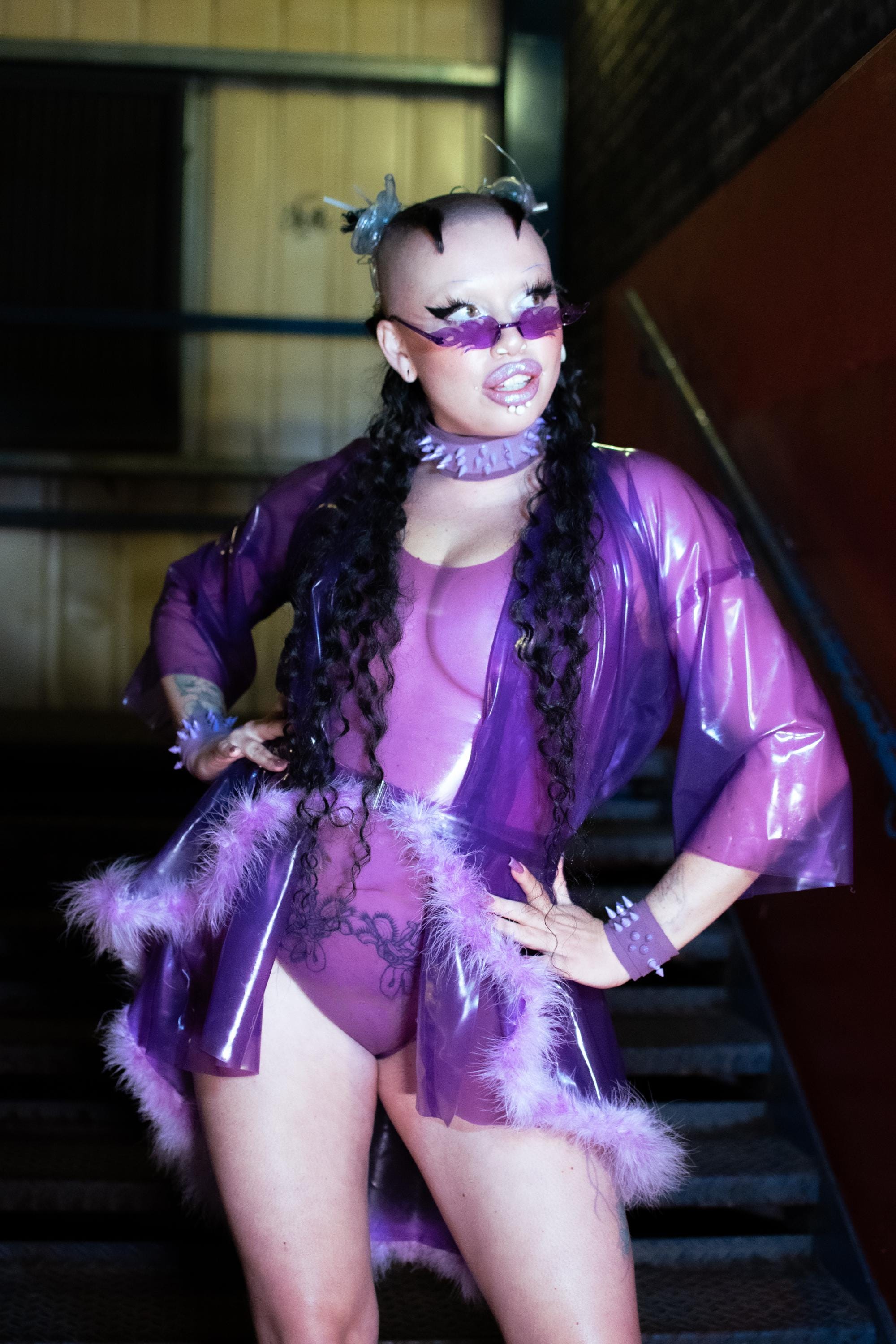 MCBLING Latex Bodysuit Set with Faux Fur Kimono