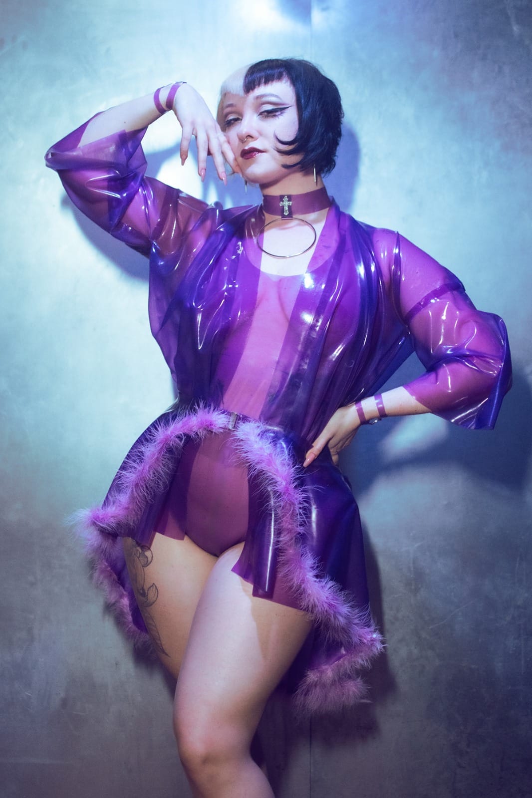 MCBLING Latex Bodysuit Set with Faux Fur Kimono