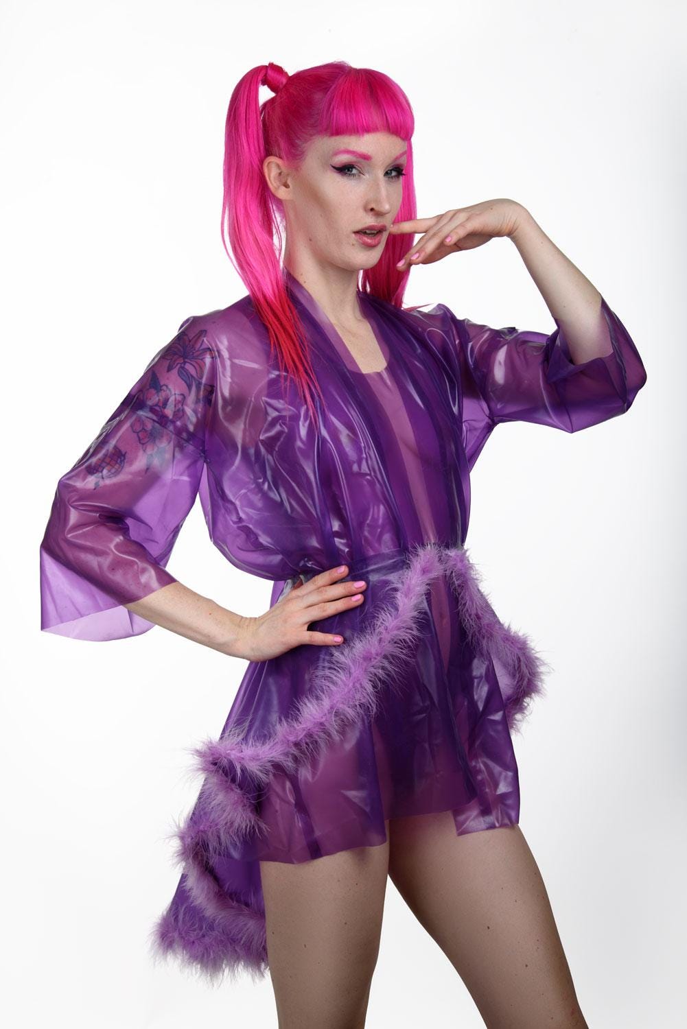 MCBLING Latex Bodysuit Set with Faux Fur Kimono